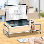 Ergonomic heavy duty acrylic desk organizer holding an all in one computer setup
