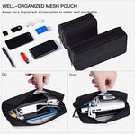 imComor travel cable organizer bag showing small and big sizes side-by-side with hard drive and laptop mouse.
