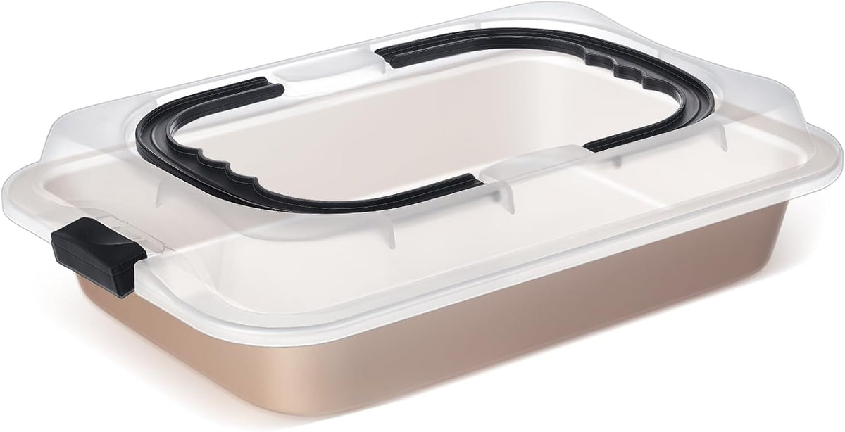 Qinyoung 2 Pcs Cake Baking Pan with Lid and Handle, 9 x 13 Inch Non-stick Rectangle Sheet Cake Pan Carrier for Brownie Roasting Cooking Baking (Black Gray) - Image 13