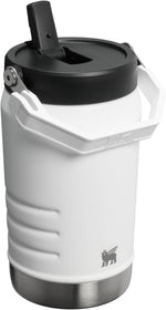 White Stanley IceFlow stainless steel sports bottle with the flip straw extended