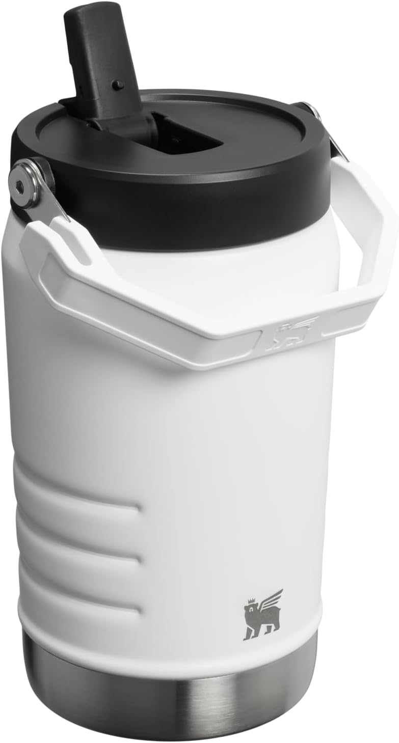 White Stanley IceFlow stainless steel sports bottle with the flip straw extended