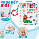 Fullhawl soft fabric baby memory book opened to display clear photo slots holding family pictures.