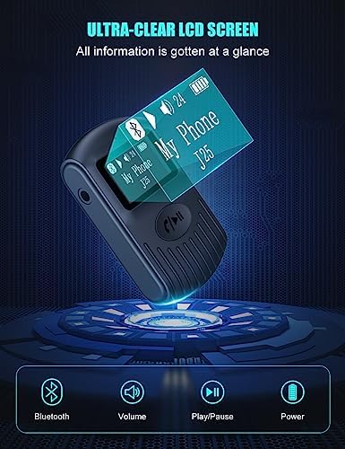 Comsoon portable AUX wireless adapter showing the 3.5mm jack interface plugged into a stereo system