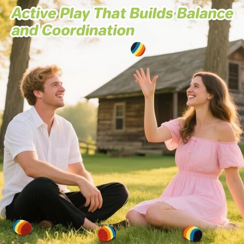 Adult playing with Rainflow knitted footbag outdoors