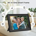 AKImart 32GB touchscreen digital frame displayed in landscape orientation on a tabletop