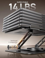 Heavy duty desktop laptop elevator supporting a large premium metallic device.