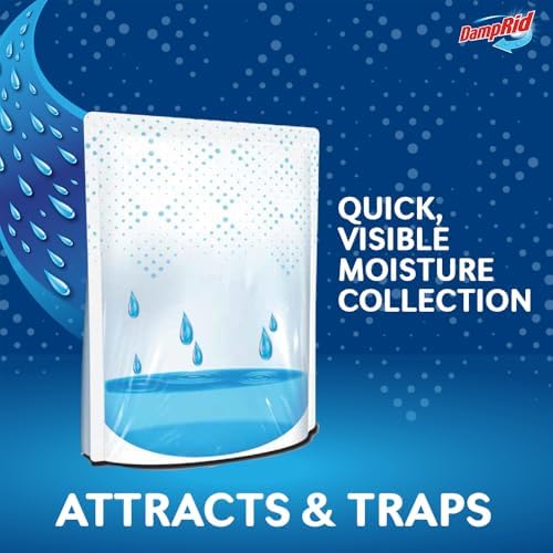 Spill-proof blue DampRid moisture absorbing pouch standing upright on a shelf.