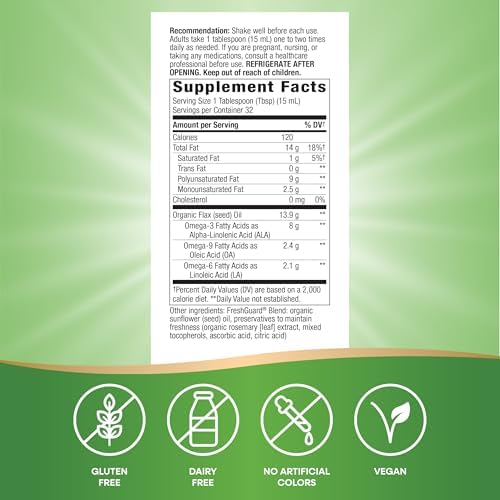 USDA certified organic flaxseed oil supplement packaging showing authenticity seals.