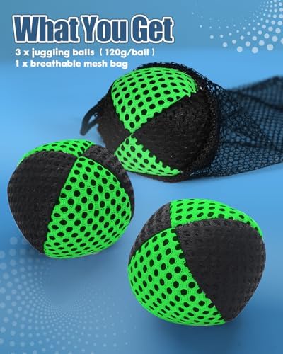 The complete three pack of neon green and black durable juggling balls laid out neatly