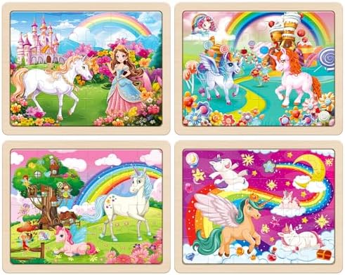 Four individual twenty four piece wooden jigsaw trays showing unicorn mermaid princess and fairy themes.