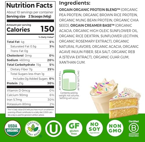 Orgain Birthday Cake protein powder nutritional label close up