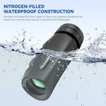 Astromania pocket monocular being held in one hand demonstrating the ultra lightweight ergonomic tracking design for adults.