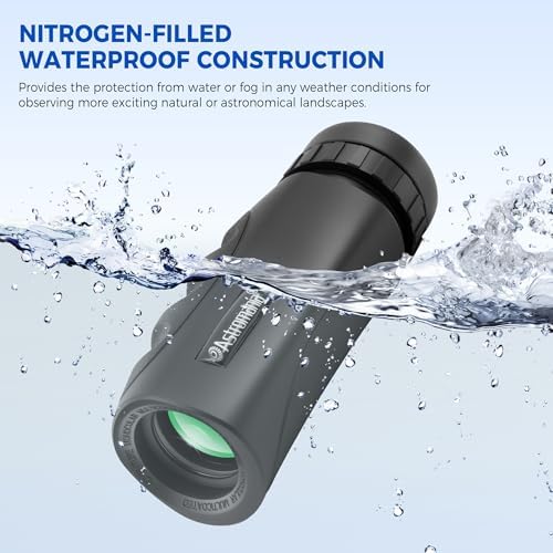 Astromania pocket monocular being held in one hand demonstrating the ultra lightweight ergonomic tracking design for adults.