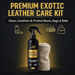 Lanolin enriched leather spray bottle with microfiber cloth for alligator and crocodile boots.