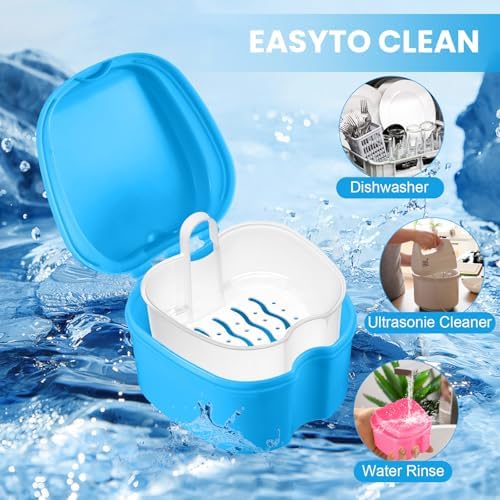 2 Pack Denture Brush Denture Bath Case Cup Retainer Cleaner Holder Box False Teeth Soaking Container Dental Bath Storage Box Case with Strainer Basket for Travel, Camping, Office (Blue+Pink) - Image 5