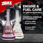 Authentic ZMAX micro-lubricant engine oil additive bottle displaying clear application instructions