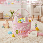 Hand-woven custom name egg hunt tote bag displaying the sturdy integrated carrying handle.