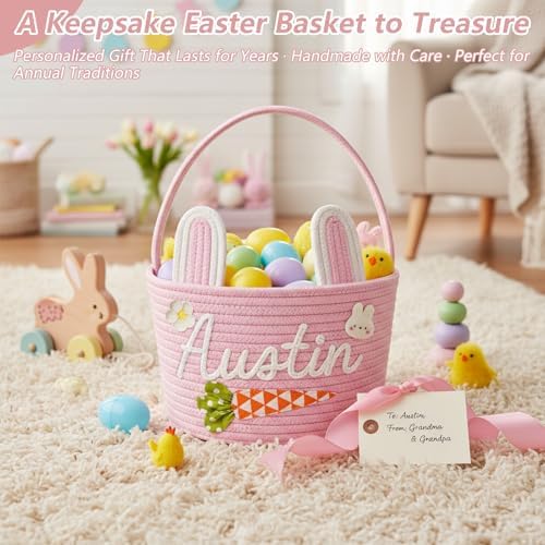 Hand-woven custom name egg hunt tote bag displaying the sturdy integrated carrying handle.