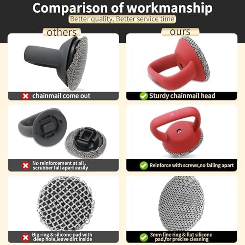 Rust resistant metal skillet scrubber showing the thin edge silicone insert.