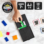 Rubik's Gridlock strategy game travel case opened with colored blocks inside.