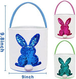 Pink green and blue canvas holiday tote buckets with sequin rabbit designs