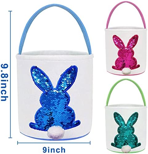 Pink green and blue canvas holiday tote buckets with sequin rabbit designs