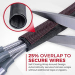 Multi cable strings neatly organized behind a television set using the black mesh cord protector.