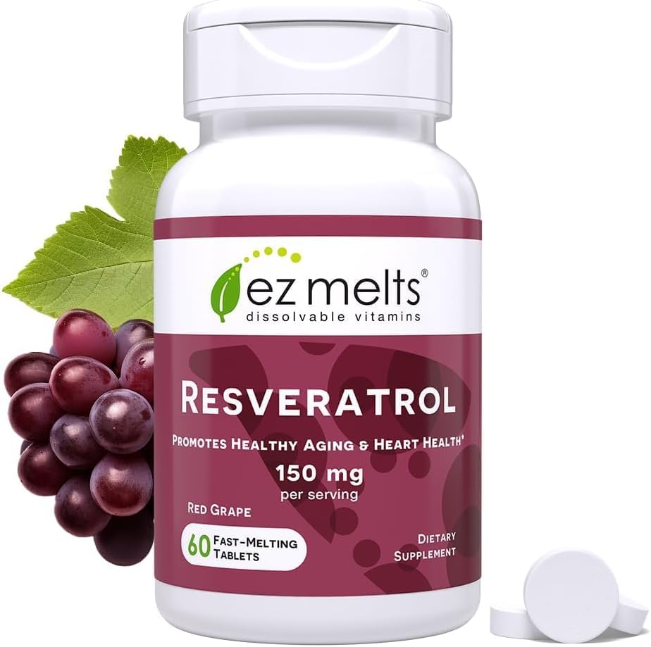 EZ Melts Dissolvable Resveratrol Supplement 150mg front view bottle for healthy aging