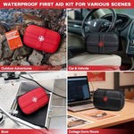 Rhino Rescue first aid supplies including bandages and burn gel spread out