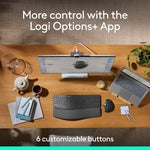 Top down look at the graphite grey Logitech ergonomic mouse with the scroll wheel and device switching button.