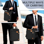 TORIBIO 11 inch tablet carrying case showing the spacious front zippered pockets organized with charging cables and pens.