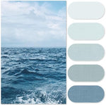 Close up view of the gradual color gradient fabric on the Jinchan blue shower curtain