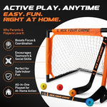 Full components layout of the ACE HOCKEY two player indoor and outdoor knee hockey kit.