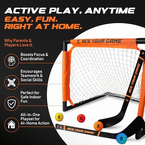 Full components layout of the ACE HOCKEY two player indoor and outdoor knee hockey kit.