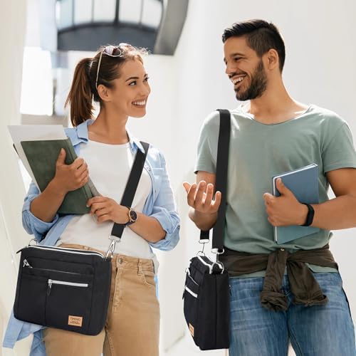 TiMOVO anti theft tablet bag highlighting the secure spring loaded zipper and D ring closure.