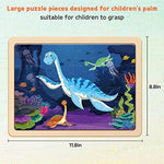 Toddler hands assembling the authentic wooden dinosaur puzzle inside the included wooden storage tray