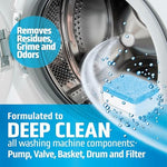 White cleaning tablet being placed in an empty washing machine drum.