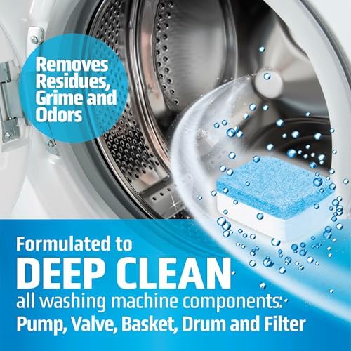 White cleaning tablet being placed in an empty washing machine drum.