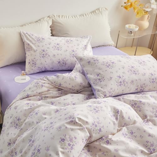 Aesthetic side view of the HighBuy luxury purple botanical duvet cover set decorating a bright modern bedroom.