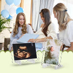 Mlatnod scalloped edge pregnancy announcement frame being used as a new parent gift showcase.