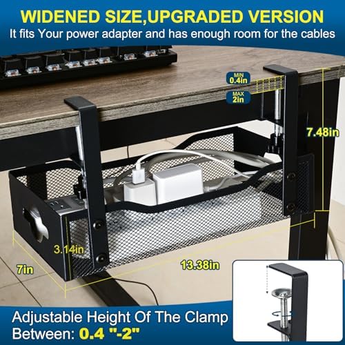 Extra large black wire basket holding multiple extension boards and power adapters underneath a standing desk workstation.
