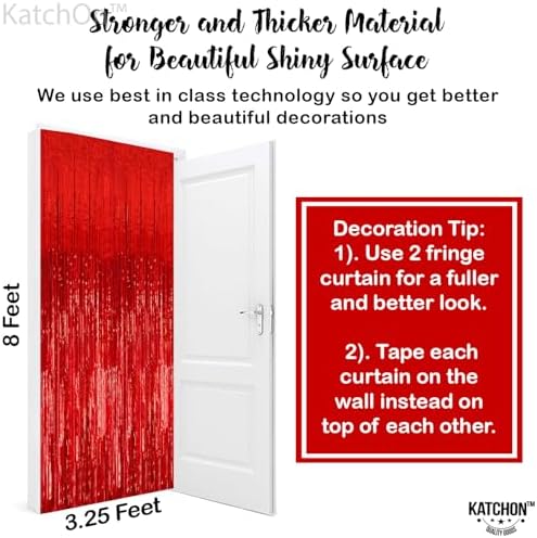 KatchOn red foil curtain backdrop being peeled and stuck using the built in adhesive strip.