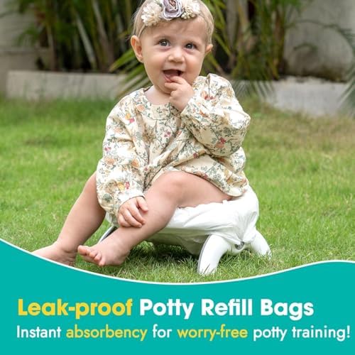 Disposable potty liner bag placed on portable toilet seat