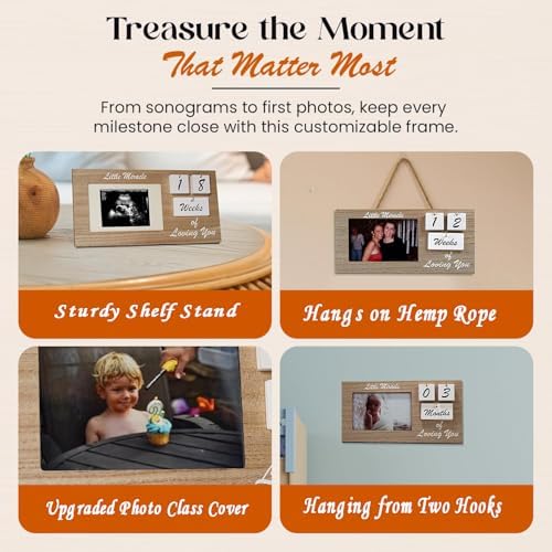 YelloIris pregnancy countdown photo frame setup on a nursery tabletop