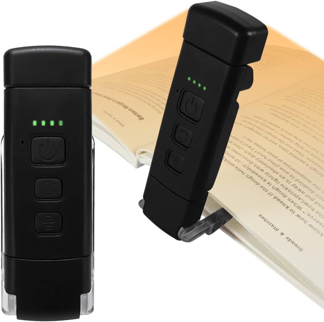Qumox bedside book reading lamp clipped onto a book front view