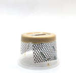 Nutrient rich reptile feeder cup with green hornworms feeding on protective chow at the top.