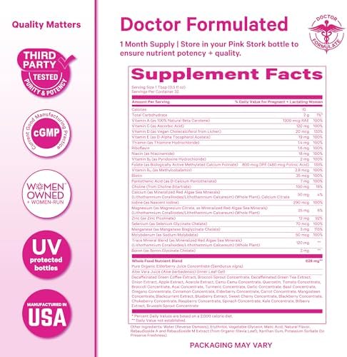 Pink Stork prenatal liquid multivitamin for morning sickness relief and energy support