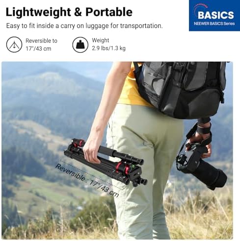 NEEWER camera tripod monopod fully extended to seventy-two inches with a DSLR camera mounted.