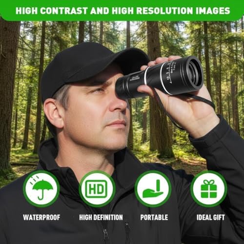 Generic high definition travel monocular alongside its included fabric carrying bag and wrist strap.