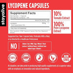 STAY ALIVE Lycopene 60mg tomato extract capsules supplement nutritional facts panel closeup.